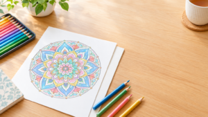 曼荼羅塗り絵の初心者向けの始め方という記事に掲載する画像です。 曼荼羅塗り絵に向いている画用紙、色鉛筆などを置いている机の画像を制作してください