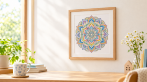 曼荼羅塗り絵の初心者向けの始め方という記事に掲載する画像です。 完成した曼荼羅塗り絵を額装して、壁に飾っている画像を作ってほしいです。 画像を見た人が自分事として感じられるようなリアリティがあり、かつ憧れるような画像にしてください。